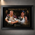 Black framed Brisbane Royalty Darren Lockyer and Allan Langer rugby league wall art with gold-edged collector design.
