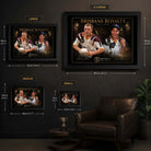 Brisbane Royalty Darren Lockyer and Allan Langer wall art size guide showing framed dimensions from small to extra large.