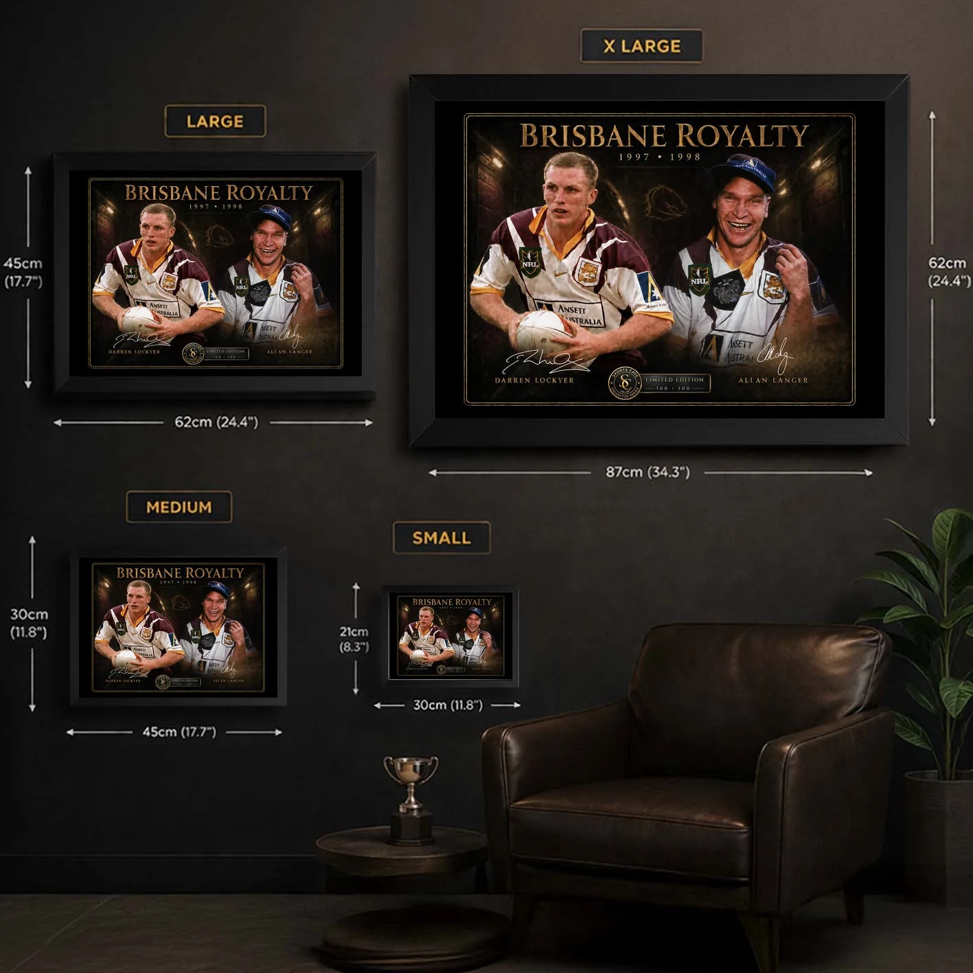 Brisbane Royalty Darren Lockyer and Allan Langer wall art size guide showing framed dimensions from small to extra large.