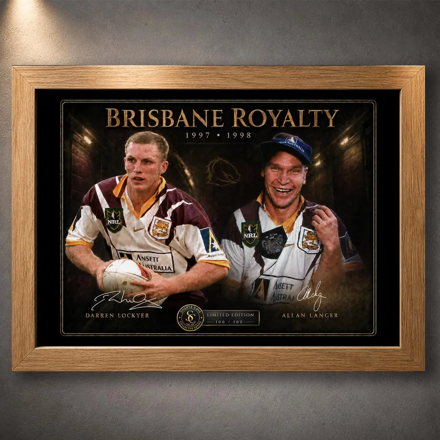 Oak framed Brisbane Royalty Darren Lockyer and Allan Langer rugby league wall art displayed on a neutral wall.