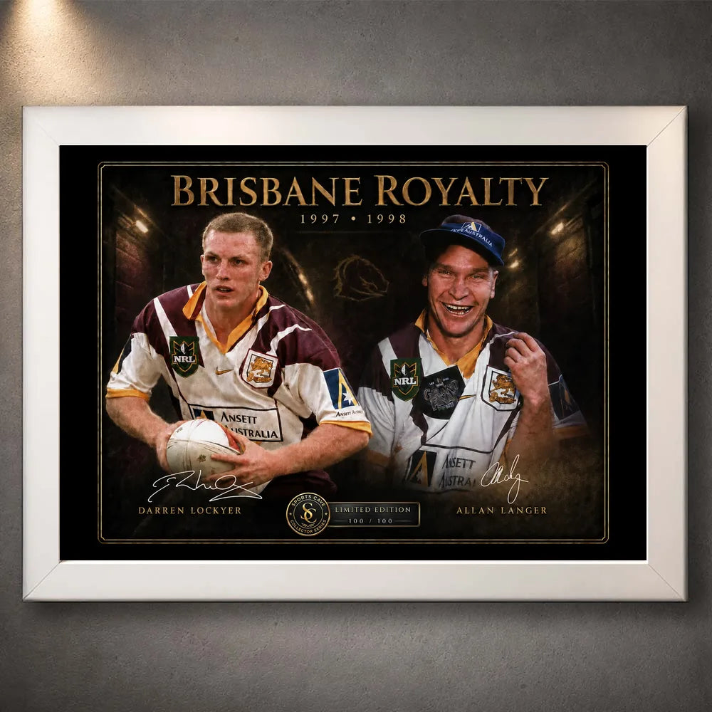 White framed Brisbane Royalty Darren Lockyer and Allan Langer rugby league wall art displayed on a neutral wall.