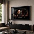 Brothers of Destruction Undertaker vs Kane wall art displayed above a black console in a premium modern living room.