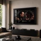 Brothers of Destruction Undertaker vs Kane wall art displayed above a black console in a premium modern living room.