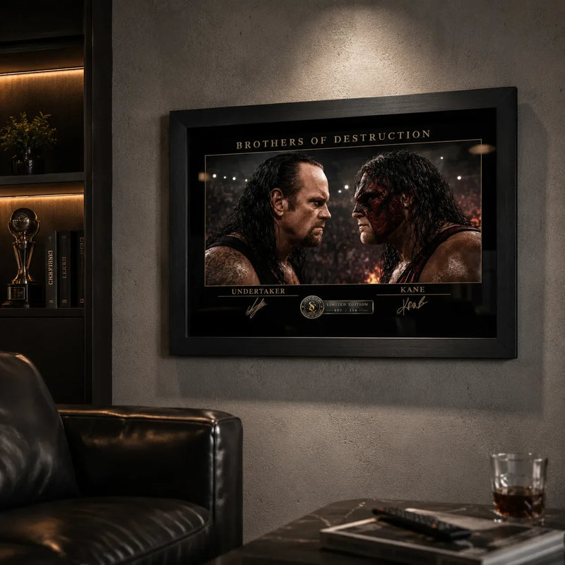 Undertaker vs Kane Brothers of Destruction wall art mounted in a dark man cave beside leather seating and warm shelving.