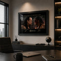 Brothers of Destruction Undertaker vs Kane wall art displayed in a modern office above black cabinetry and a desk.