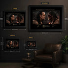 Brothers of Destruction Undertaker vs Kane wall art size guide showing framed dimensions from small to extra large.