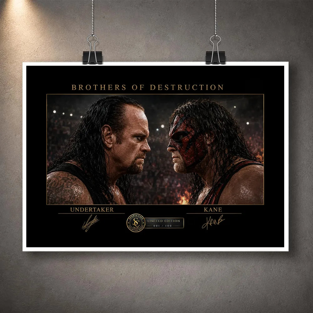 Unframed Brothers of Destruction Undertaker vs Kane wall art print featuring the WWE rivals in a dramatic arena face-off.