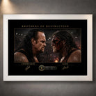 White framed Brothers of Destruction Undertaker vs Kane wall art featuring the WWE rivals in a dramatic arena face-off.