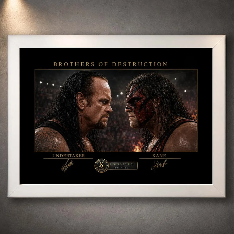 White framed Brothers of Destruction Undertaker vs Kane wall art featuring the WWE rivals in a dramatic arena face-off.