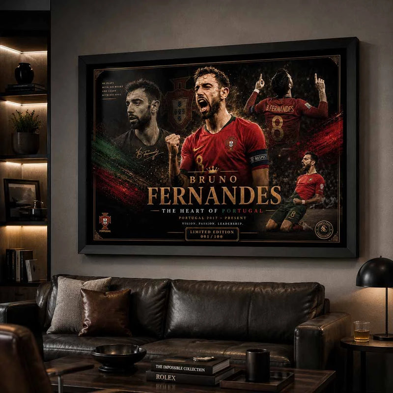 Bruno Fernandes framed sports art displayed in a luxury man cave wall décor setup with cinematic lighting.