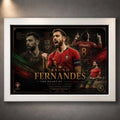 Bruno Fernandes Portugal framed sports art in a white frame celebrating leadership and passion on the pitch.