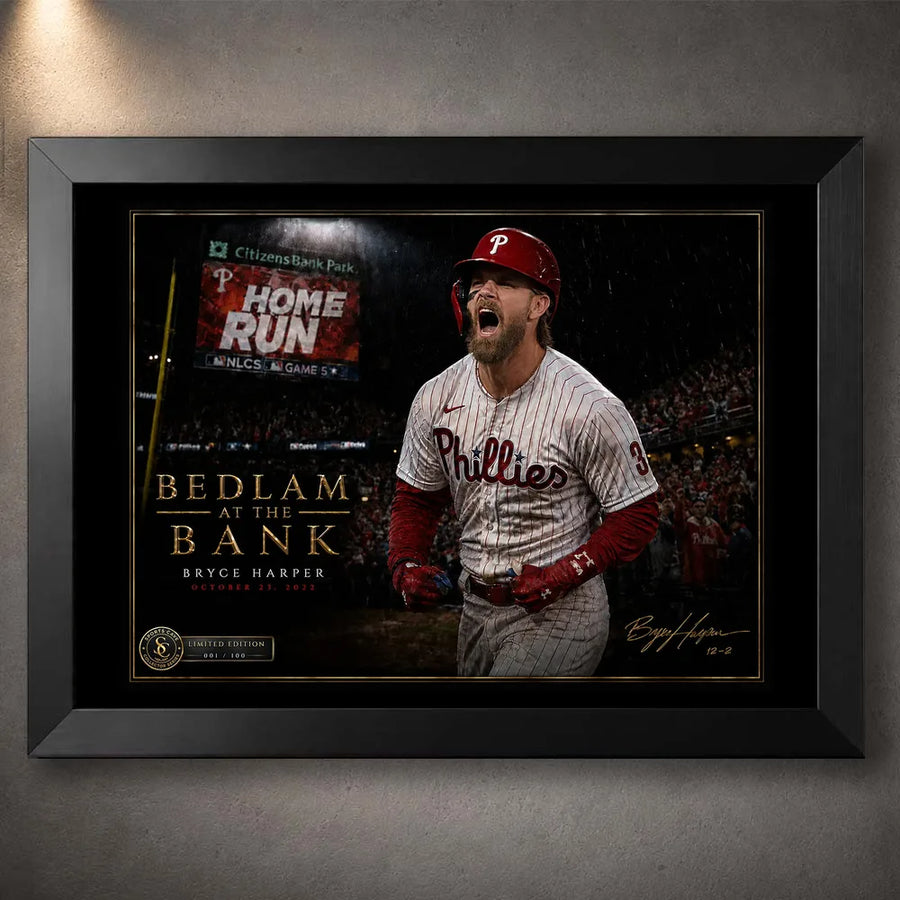 Black framed Bryce Harper baseball wall art celebrating Bedlam at the Bank at Citizens Bank Park.