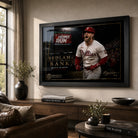 Bryce Harper wall art displayed in a warm living room with natural light and a premium black frame.