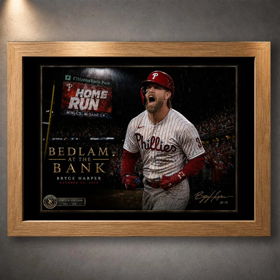 Oak framed Bryce Harper baseball wall art featuring the Bedlam at the Bank 2022 postseason tribute.