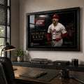 Bryce Harper wall art displayed in a modern office above a timber desk with a premium black frame.