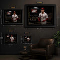 Bryce Harper wall art size guide showing Small, Medium, Large and X Large framed dimensions.