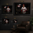 Bryce Harper wall art size guide showing Small, Medium, Large and X Large framed dimensions.