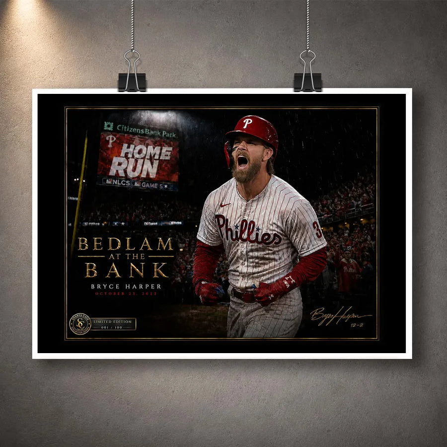 Unframed Bryce Harper baseball wall art design featuring Bedlam at the Bank and his 2022 postseason celebration.