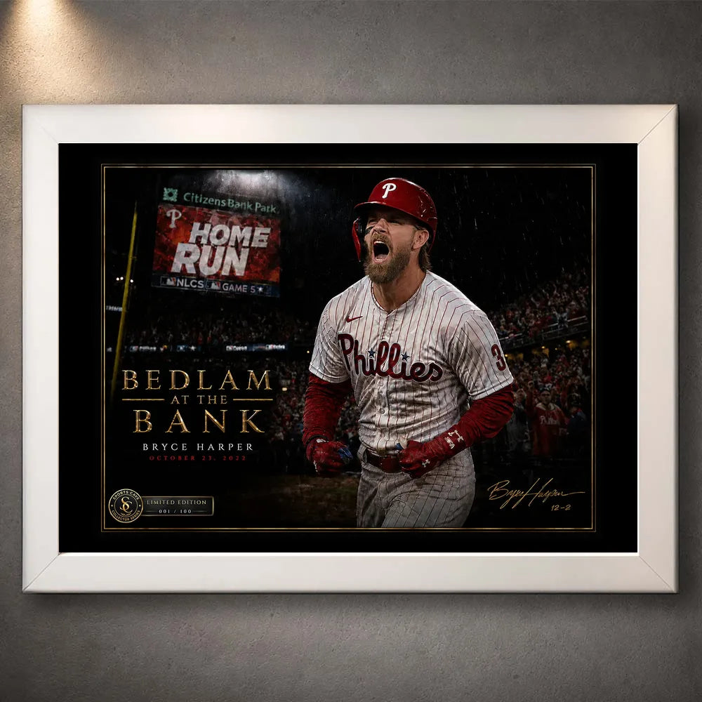 White framed Bryce Harper baseball wall art featuring the Bedlam at the Bank 2022 postseason tribute.