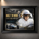 Black framed Jack Brabham Built To Win 1966 motorsport wall art featuring his racing portrait and number 10 car.