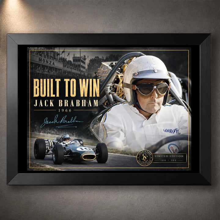 Black framed Jack Brabham Built To Win 1966 motorsport wall art featuring his racing portrait and number 10 car.