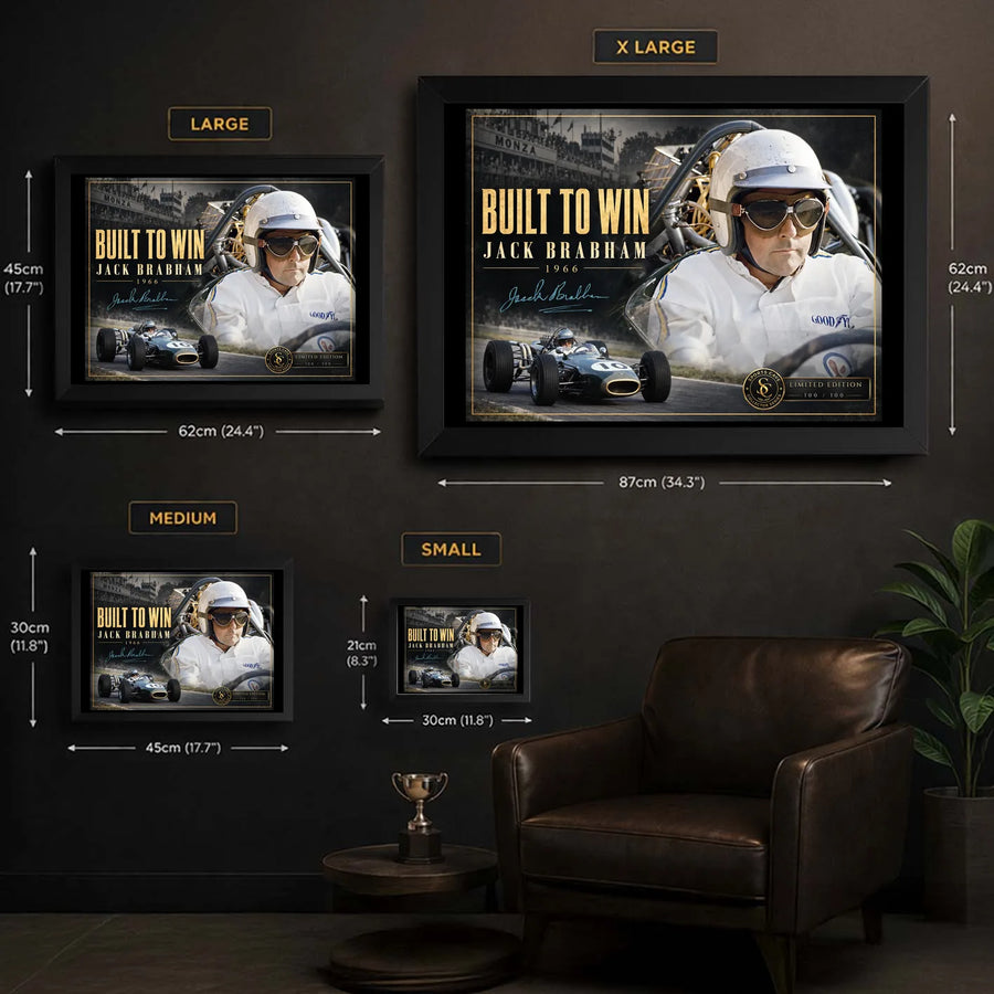 Jack Brabham Built To Win 1966 wall art size guide showing Small, Medium, Large and X Large dimensions in centimetres and inches.