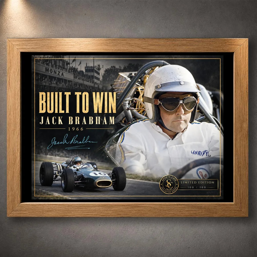 Oak framed Jack Brabham Built To Win 1966 motorsport wall art featuring his racing portrait and number 10 car.