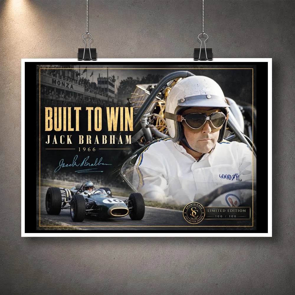 Unframed Jack Brabham Built To Win 1966 motorsport wall art print showing the full collector design against a dark wall.