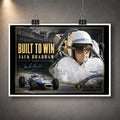 Unframed Jack Brabham Built To Win 1966 motorsport wall art print showing the full collector design against a dark wall.