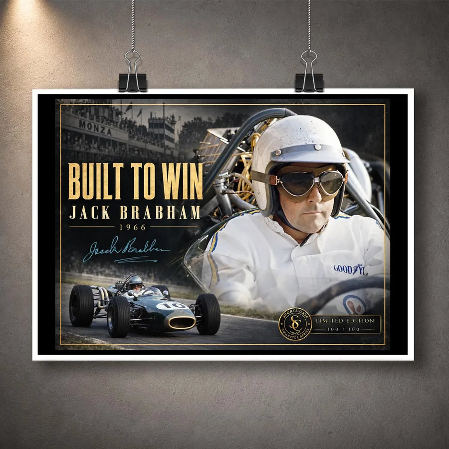 Unframed Jack Brabham Built To Win 1966 motorsport wall art print showing the full collector design against a dark wall.