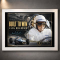 White framed Jack Brabham Built To Win 1966 motorsport wall art featuring his racing portrait and number 10 car.
