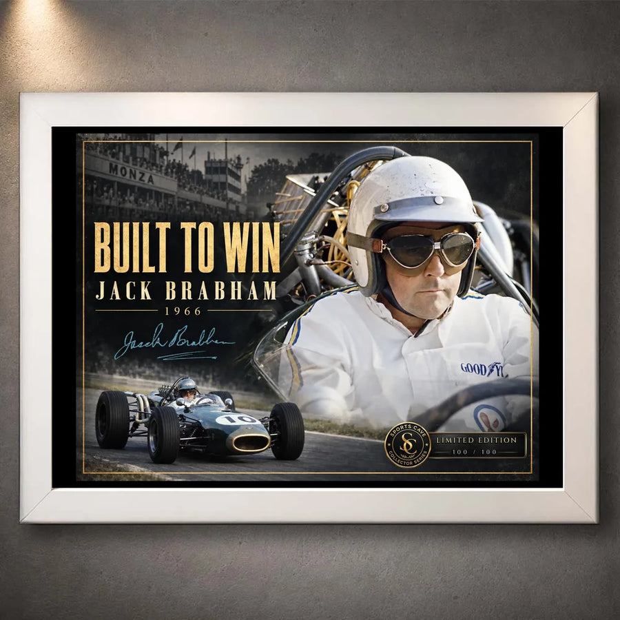 White framed Jack Brabham Built To Win 1966 motorsport wall art featuring his racing portrait and number 10 car.