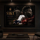 Bukayo Saka framed soccer sports wall art displayed in a luxury man cave with premium sports collectibles styling.
