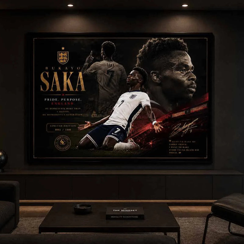 Bukayo Saka framed soccer sports wall art displayed in a luxury man cave with premium sports collectibles styling.