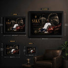 Bukayo Saka framed sports wall art size guide showing small, medium, large, and extra large print options.
