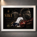 Bukayo Saka white framed sports wall art featuring England football artwork and modern man cave wall décor.