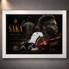 Bukayo Saka white framed sports wall art featuring England football artwork and modern man cave wall décor.
