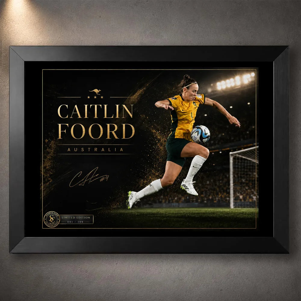 Black framed Caitlin Foord soccer wall art featuring her in Australia colours against a stadium backdrop.