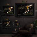 Caitlin Foord soccer wall art size guide showing small, medium, large and extra-large framed dimensions.