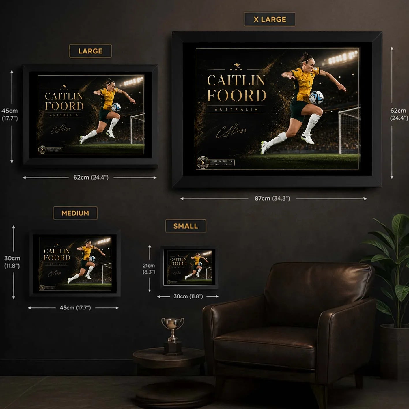 Caitlin Foord soccer wall art size guide showing small, medium, large and extra-large framed dimensions.