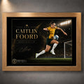 Oak framed Caitlin Foord soccer wall art featuring her in Australia colours against a stadium backdrop.