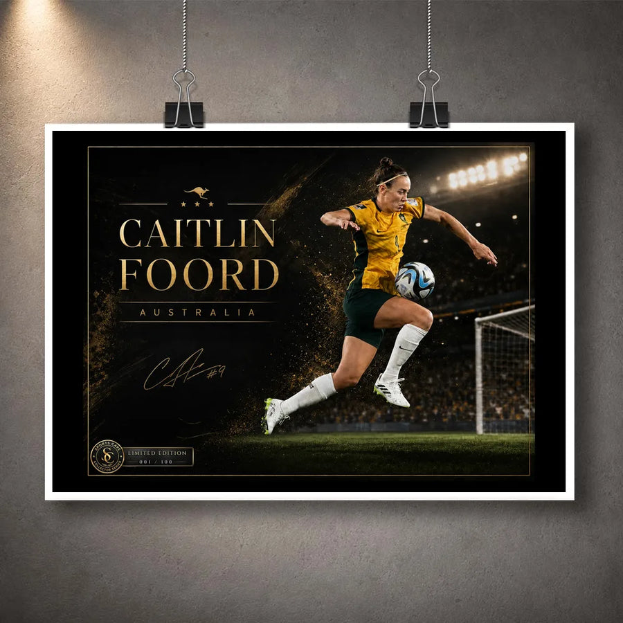 Unframed Caitlin Foord soccer wall art featuring her in Australia colours against a stadium backdrop.