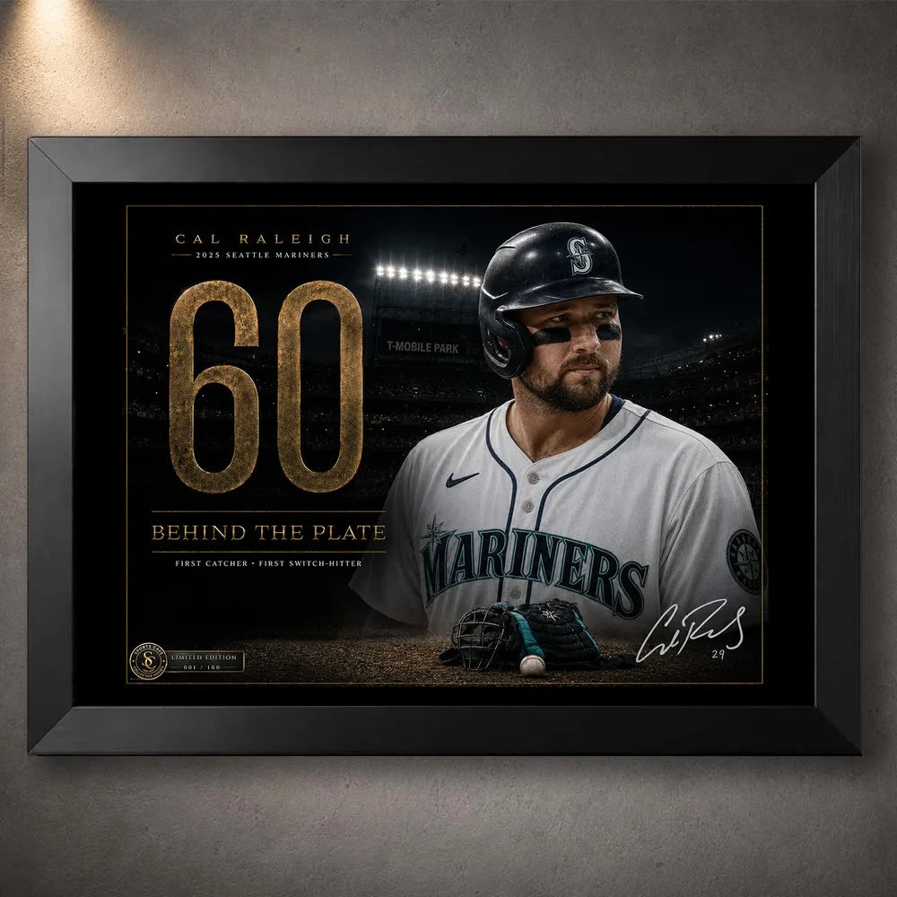 Black framed Cal Raleigh 60-homer baseball wall art featuring the record-setting catcher in Mariners colours.