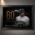 Black framed Cal Raleigh 60-homer baseball wall art featuring the record-setting catcher in Mariners colours.