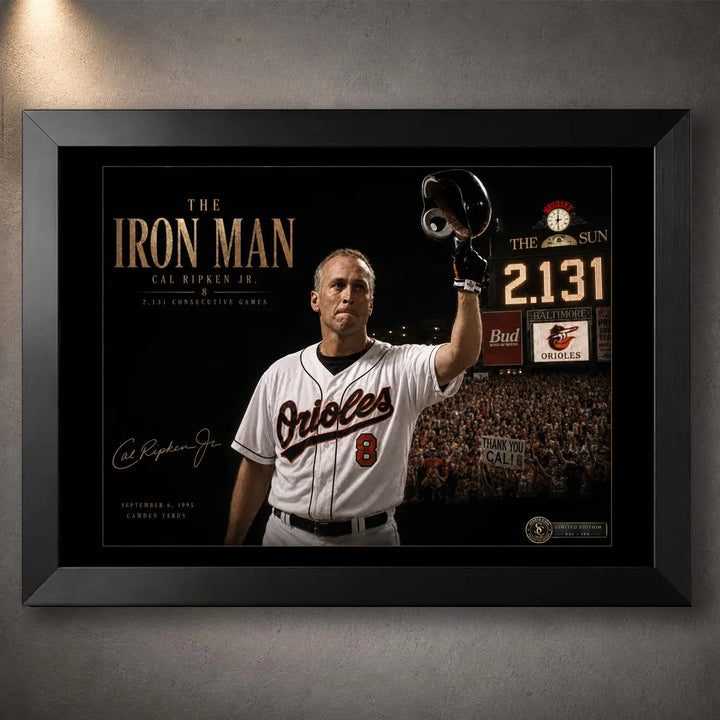 Black framed Cal Ripken Jr. baseball wall art celebrating his 2,131 consecutive-game record at Camden Yards.