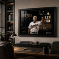 Cal Ripken Jr. wall art displayed in a modern office above a timber desk with a premium black frame.