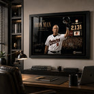 Cal Ripken Jr. wall art displayed in a modern office above a timber desk with a premium black frame.