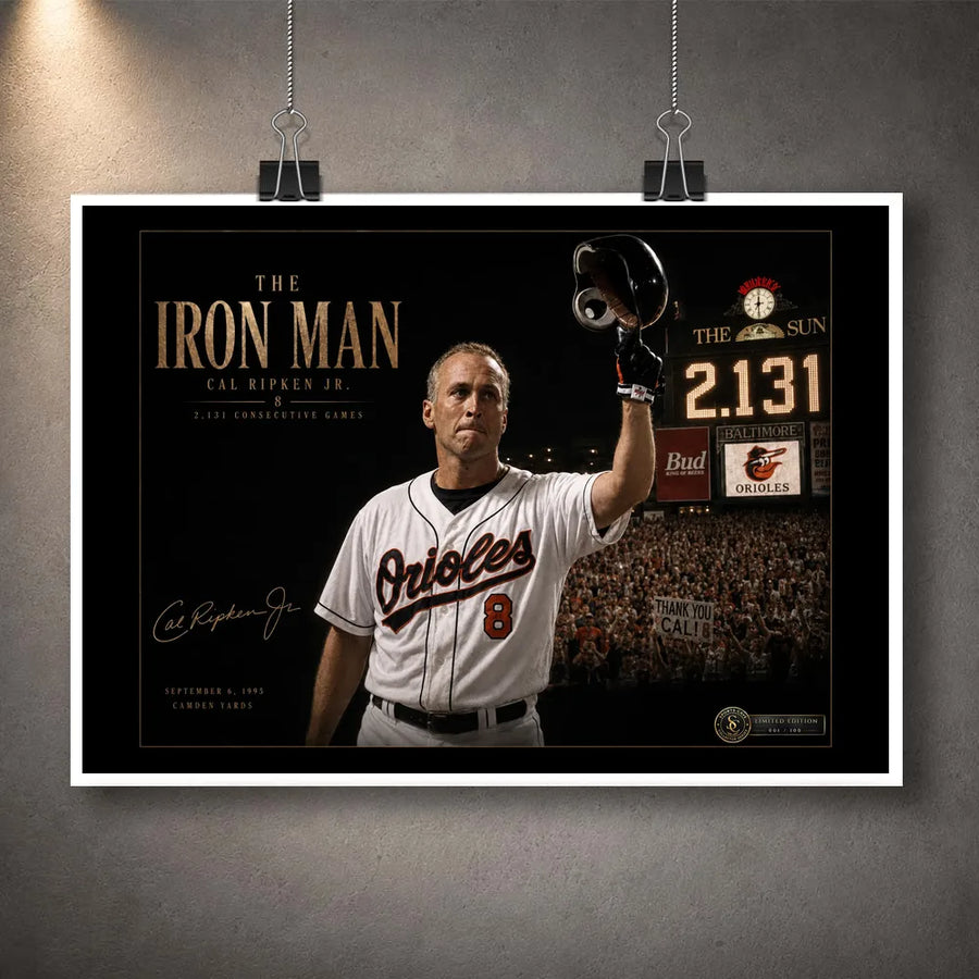 Unframed Cal Ripken Jr. baseball wall art design featuring The Iron Man and 2,131 consecutive games.