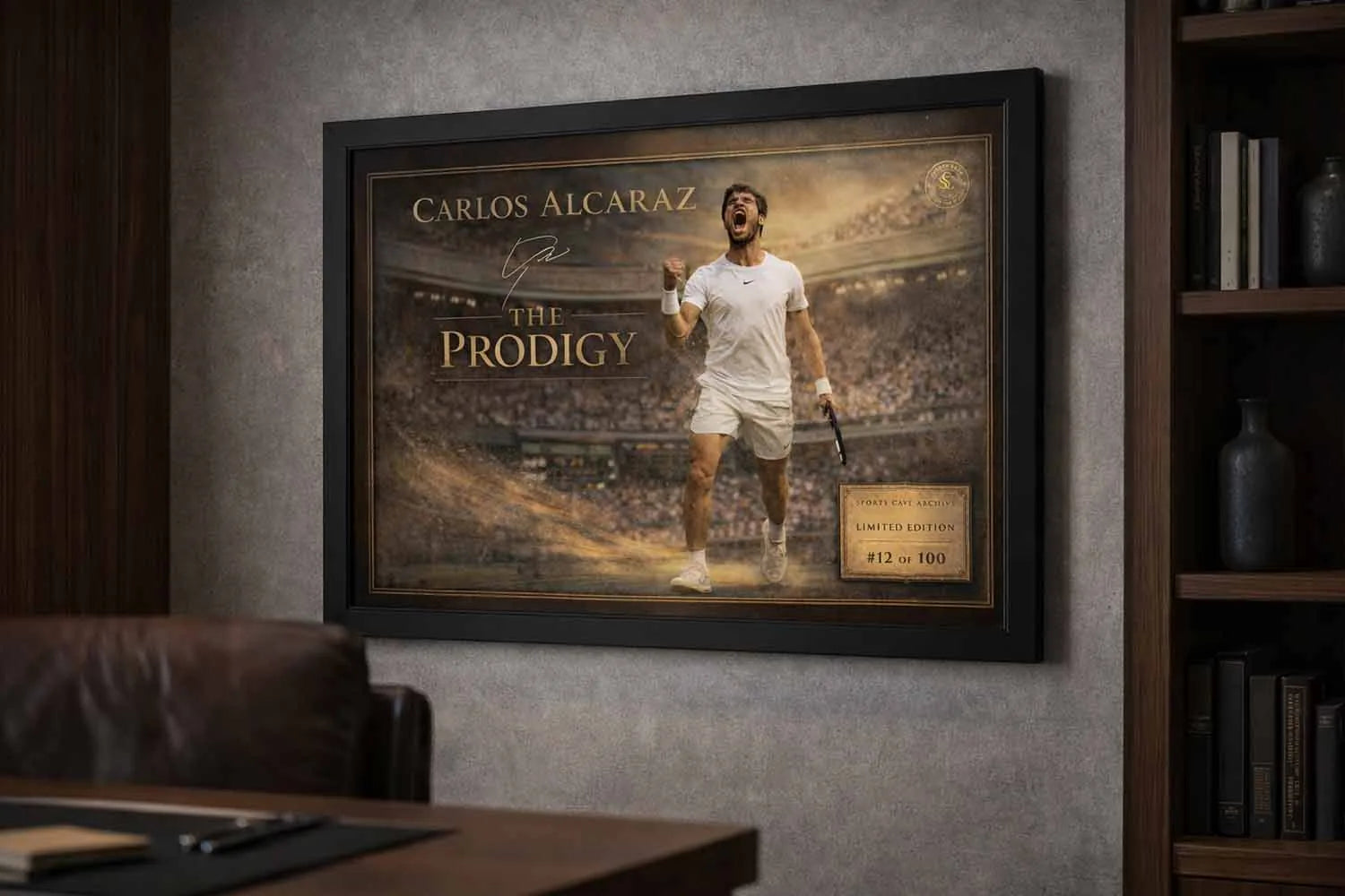 Carlos Alcaraz tennis wall art displayed in a refined office setting, delivering focus and legacy through premium sports collectibles.