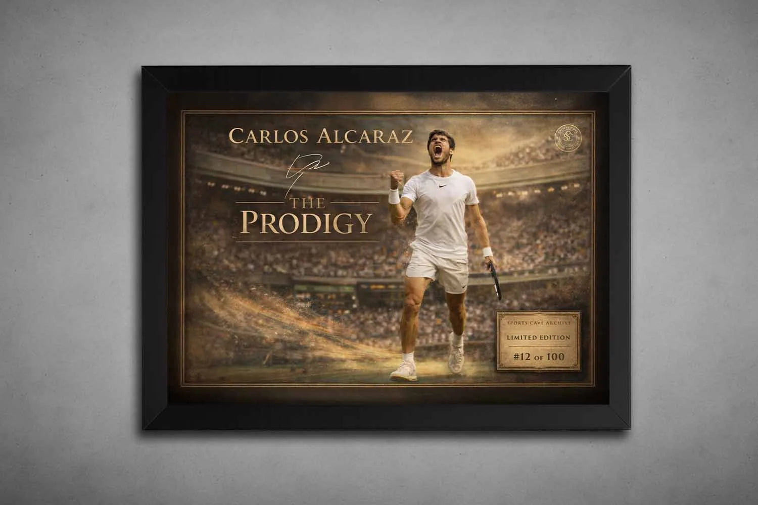 Carlos Alcaraz celebrates on court in a black frame, capturing intensity and movement in premium framed sports art for collectors.